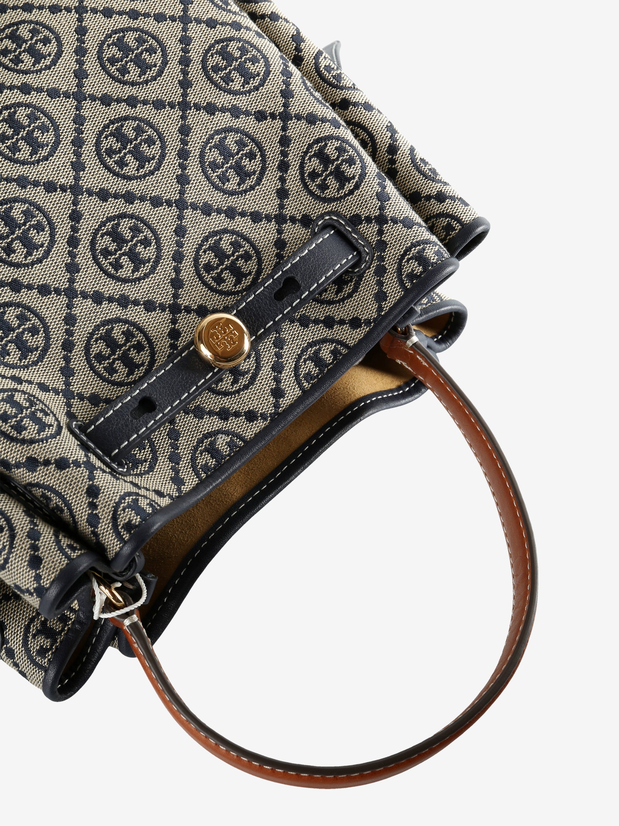 Close up of blue bag, showing texture of the cotton fabric