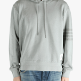 Grey hoodie worn by a person, showing the hoodie fit