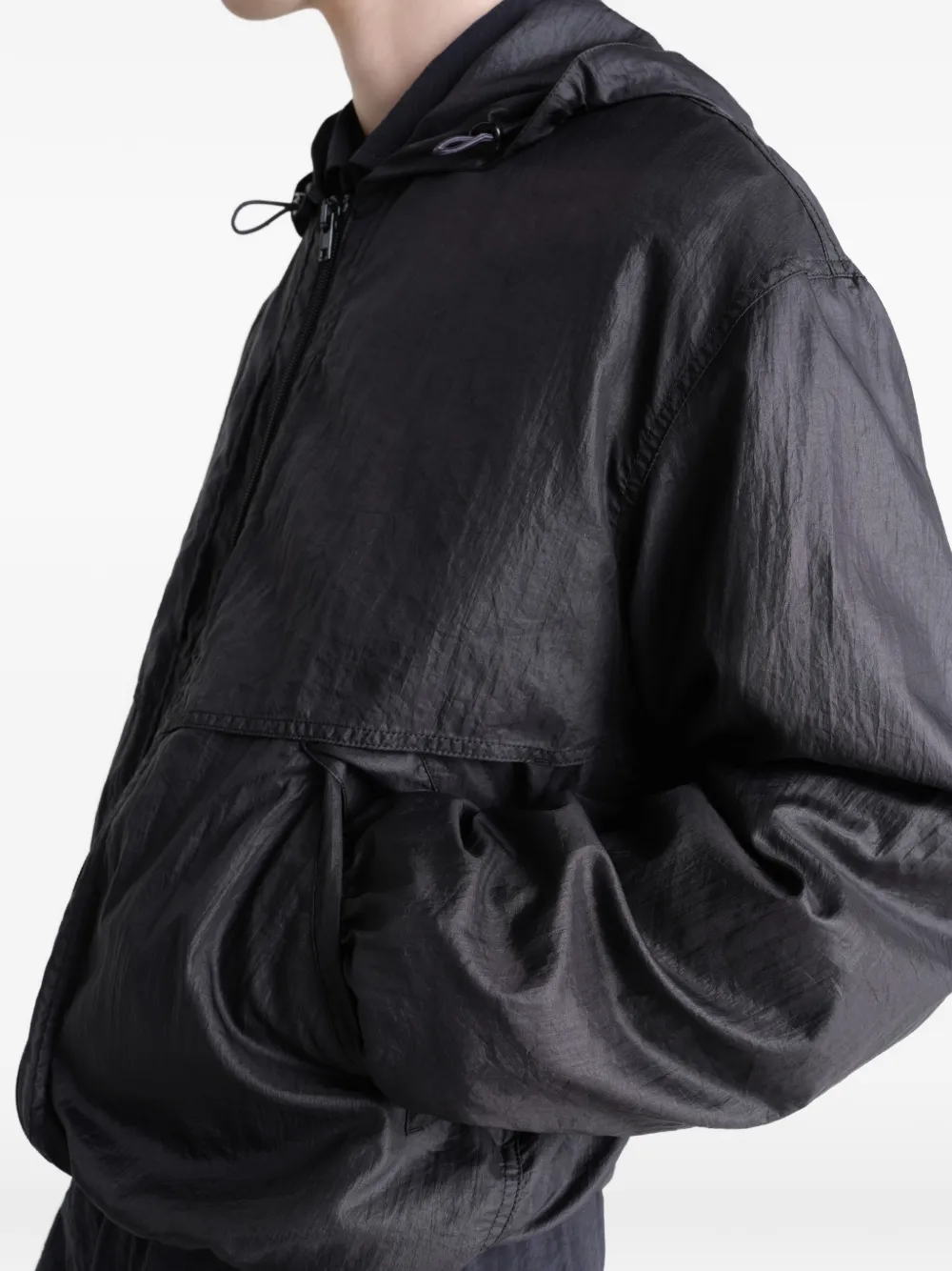 Close up of black jacket, showing texture of the Polyamide fabric