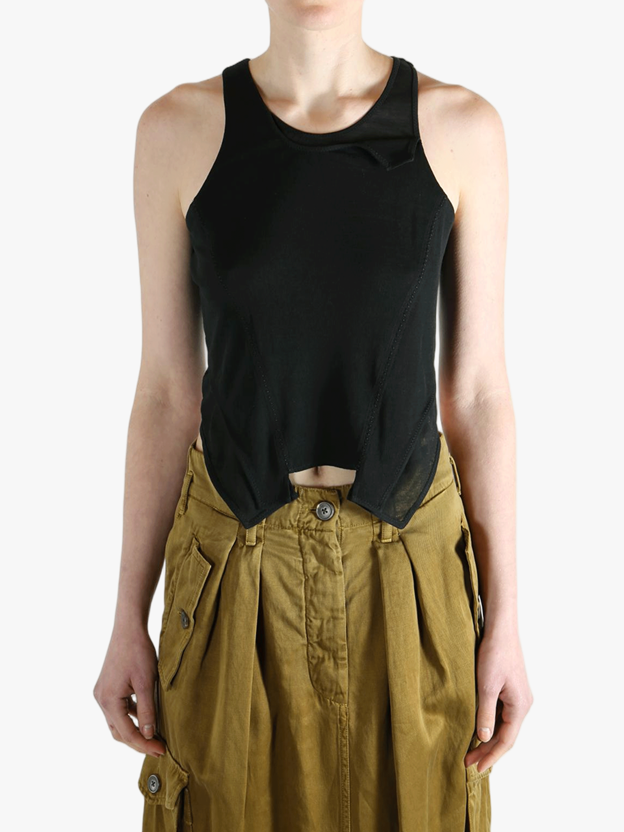 Black top worn by a person, showing the top's fit