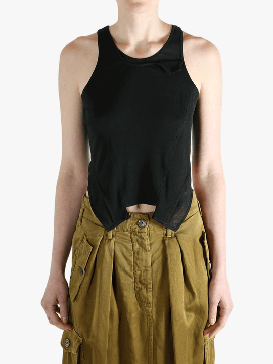 Black top worn by a person, showing the top's fit