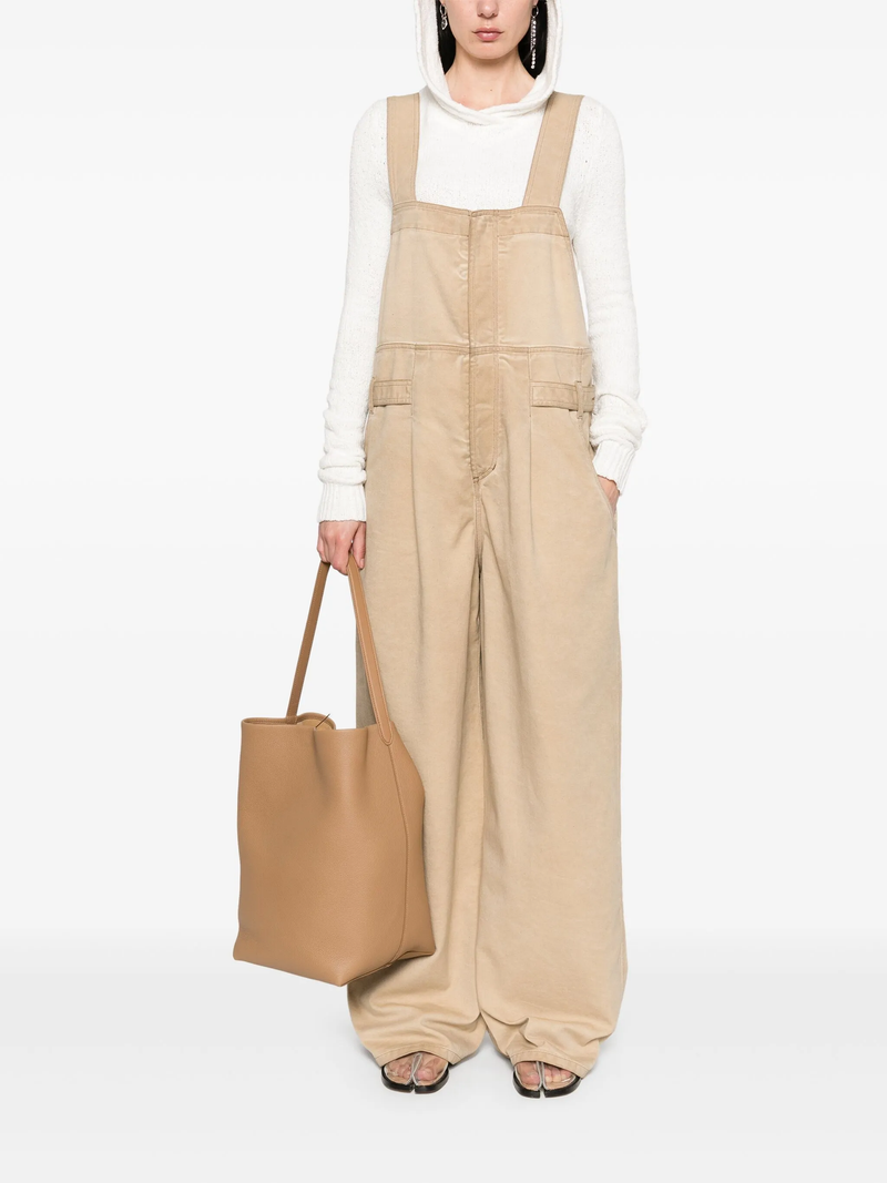 Beige overalls, full body view