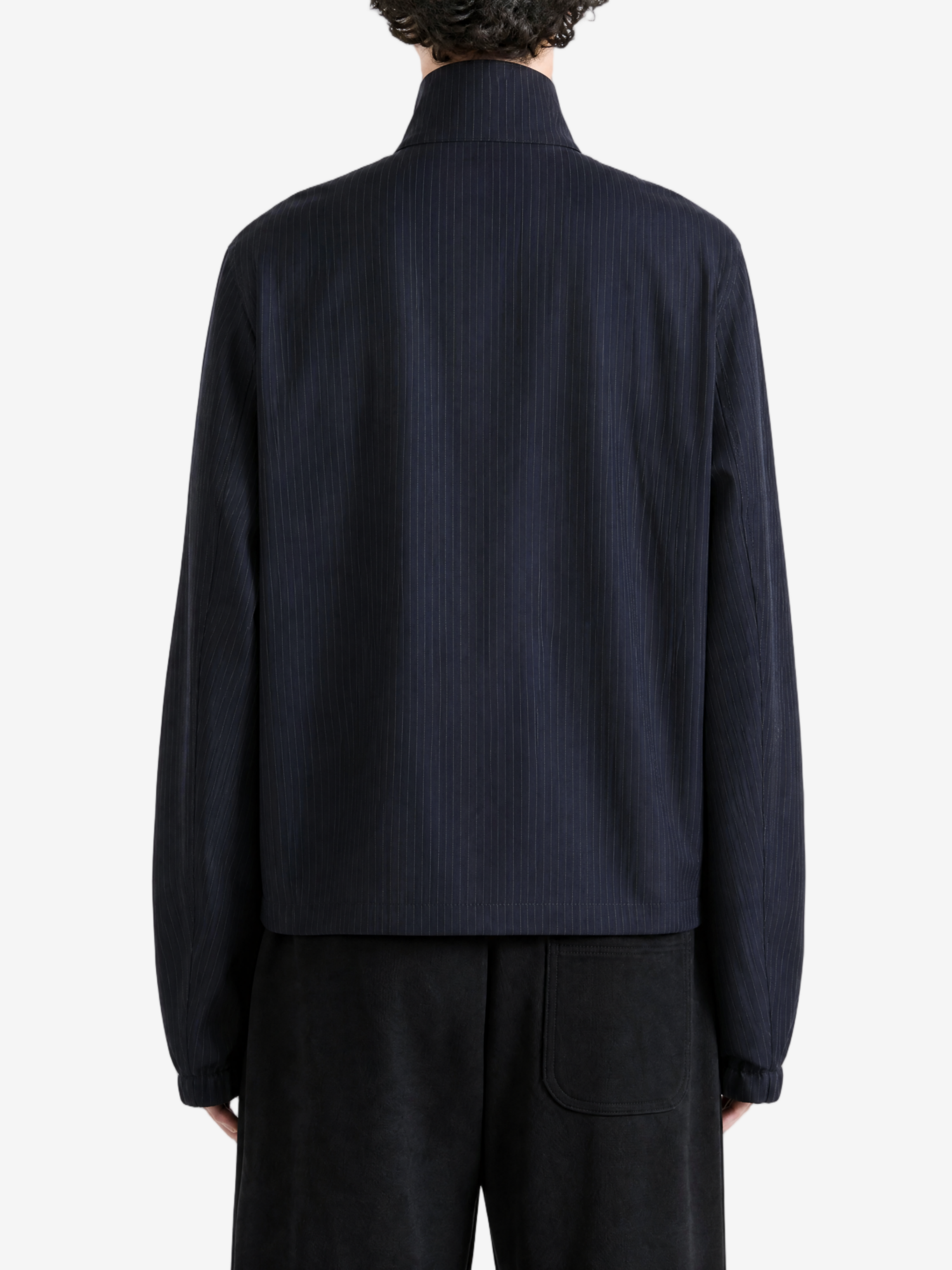 Navy jacket, full body view