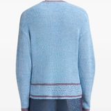 Close up of blue sweater, showing texture of the Cotton fabric