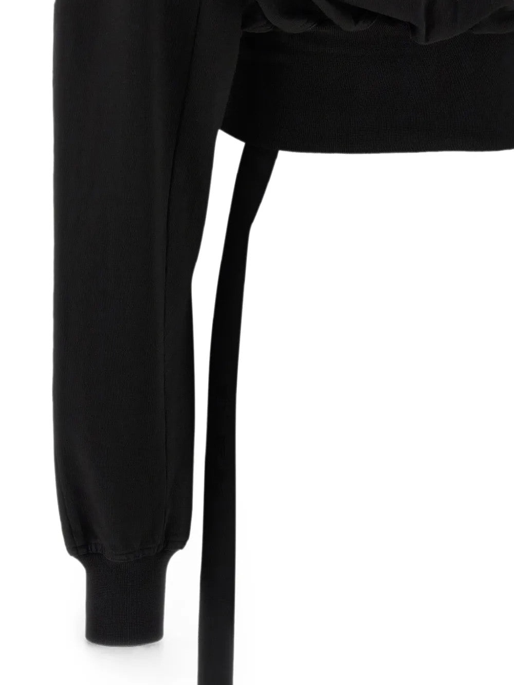 Close up of Black hoodie, showing texture of the 100% cotton fabric