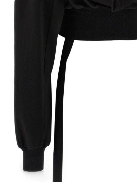 Close up of Black hoodie, showing texture of the 100% cotton fabric