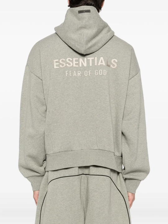 Gery hoodie worn by a person, showing the hoodie fit