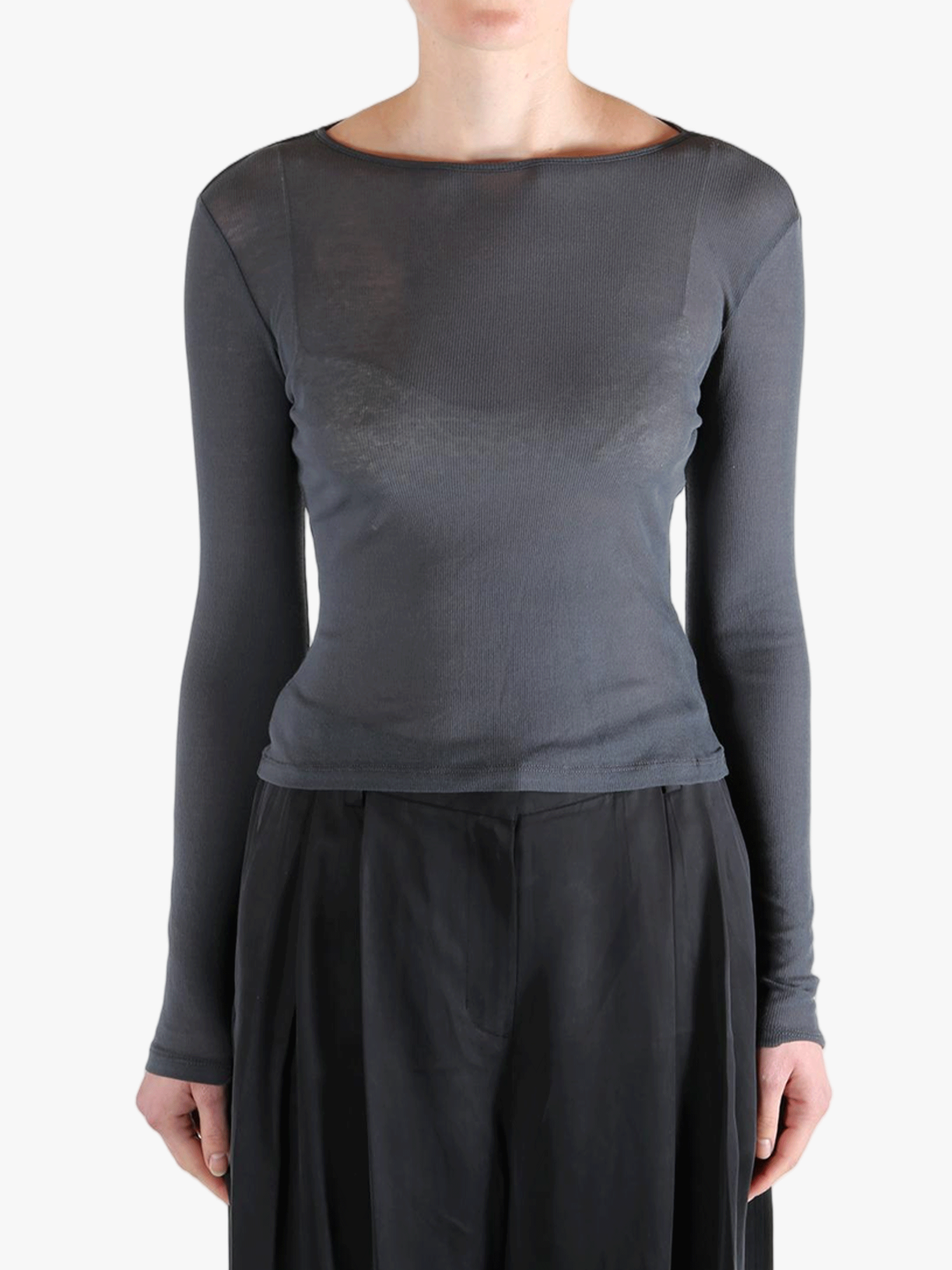 Grey shirt worn by a person, showing the shirt's fit