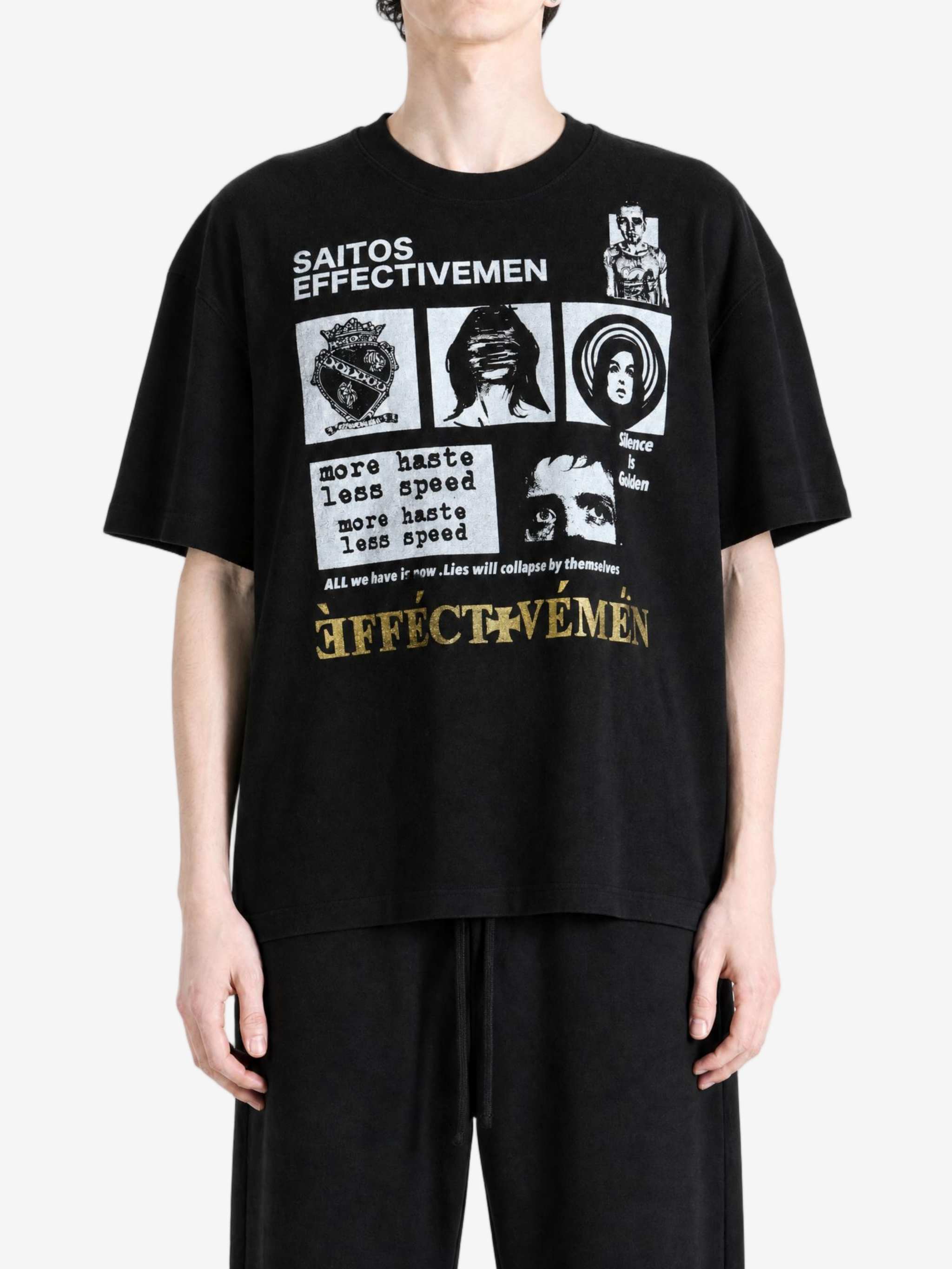 Black t-shirt, full body view