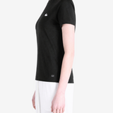 Black t-shirt worn by a person, showing the t-shirt fit