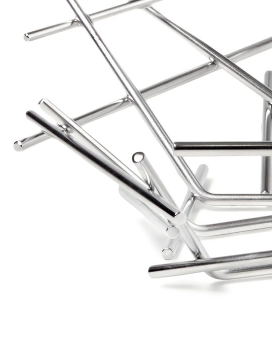 Close up of grey basket showing texture of the steel fabric