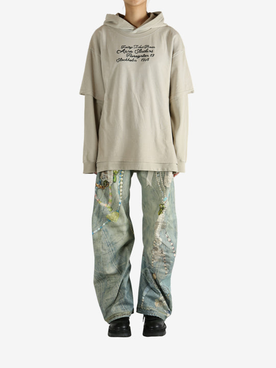 Tan hoodie, full body view