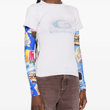 white t-shirt worn by a person, showing the t-shirt fit