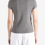 Grey t-shirt worn by a person, showing the t-shirt fit