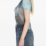 Blue t-shirt worn by a person, showing the shirt's fit