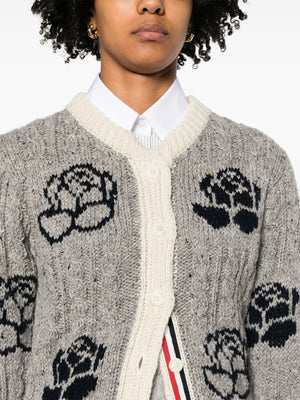 THOM BROWNE - Women Rose Intarsia And Cable Check Cropped Crew Neck Cardigan