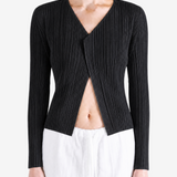 Black knitwear worn by a person, showing the knitwear fit