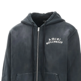 Close up of the black hoodie, showing texture of the cotton fabric