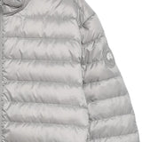 Close up of grey jacket, showing texture of the polyester fabric