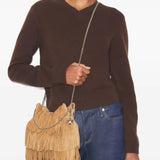 Tan bags worn by a person, showing the bags fit