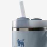 Close up of blue tumbler, showing texture of the stainless steel fabric