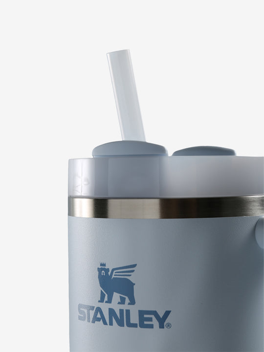 Close up of blue tumbler, showing texture of the stainless steel fabric