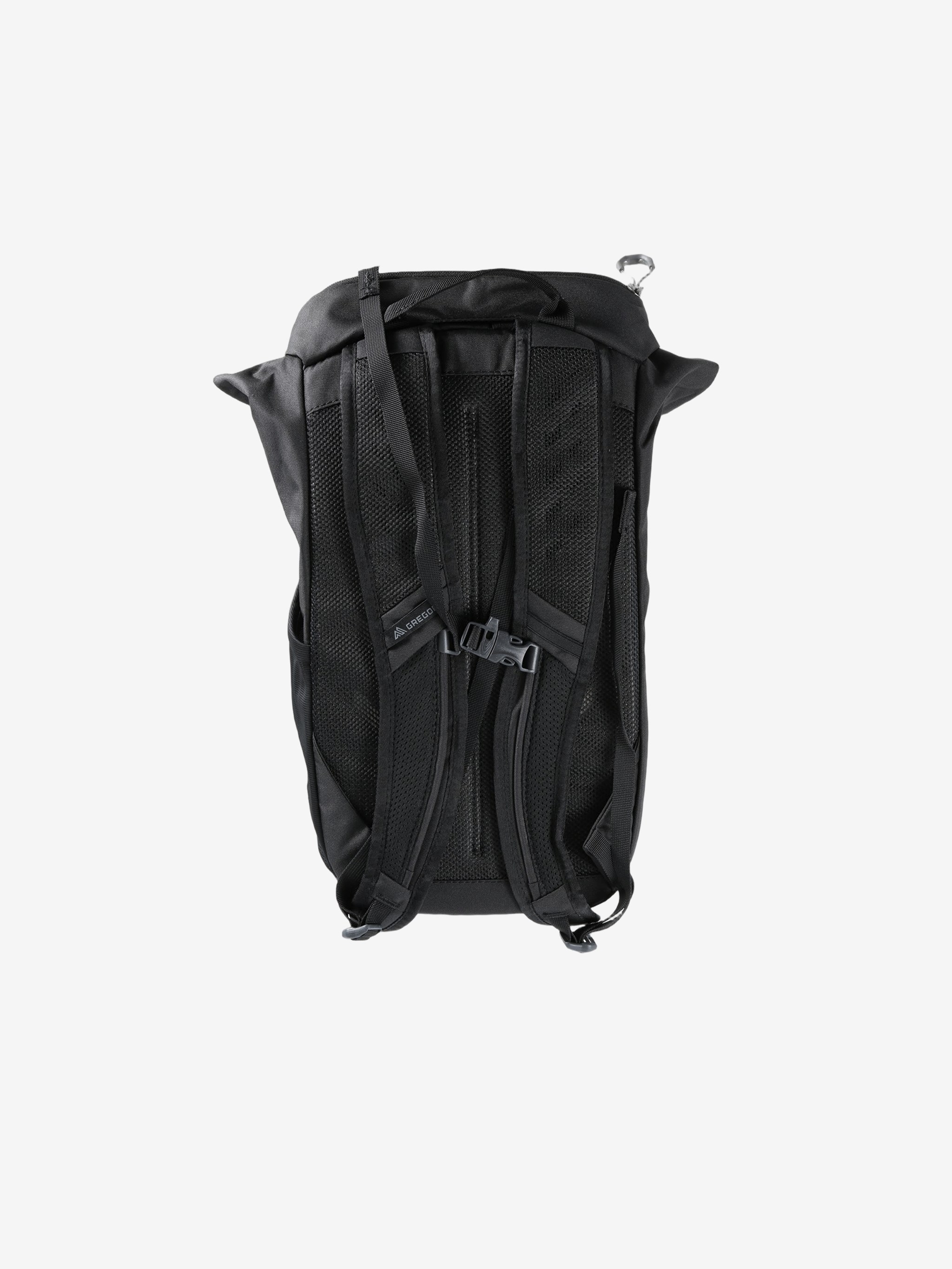 Black backpack, back view