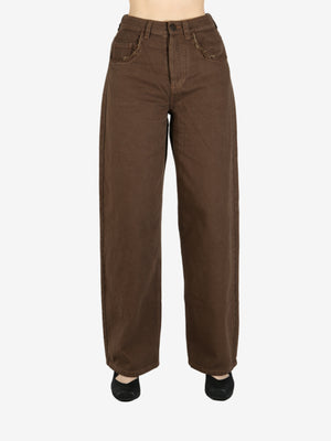 Brown pants worn by a person, showing the pants's fit
