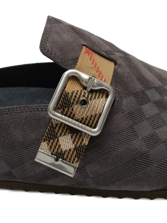 Close up of the blue mules, showing texture of the leather fabric