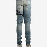 Blue pants worn by a person, showing the pants fit