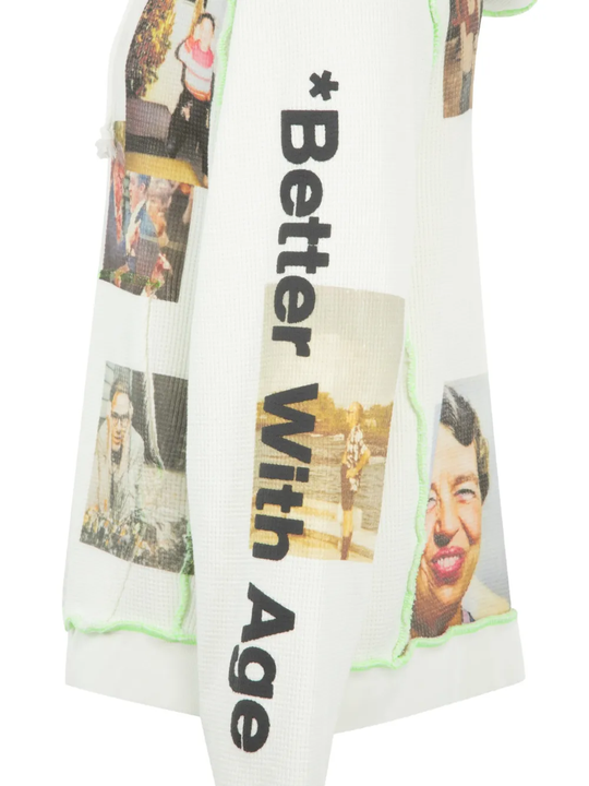 Close up of the white hoodie, showing  texture of the cotton