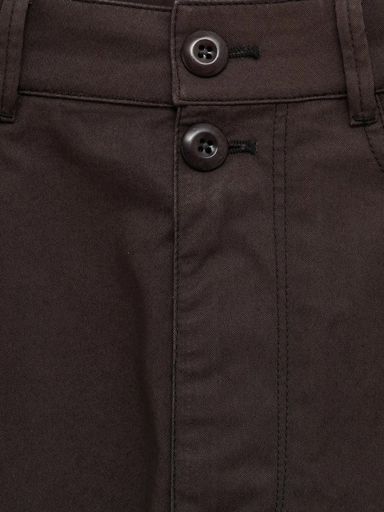 Close up of brown shorts, showing texture of the cotton fabric