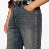 Blue jeans worn by a person, showing the jeans fit