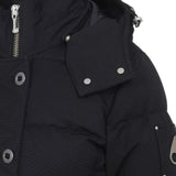 Close up of the black jacket, showing texture of the cotton and nylon fabric