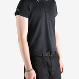 black shirts worn by a person, showing the shirts fit