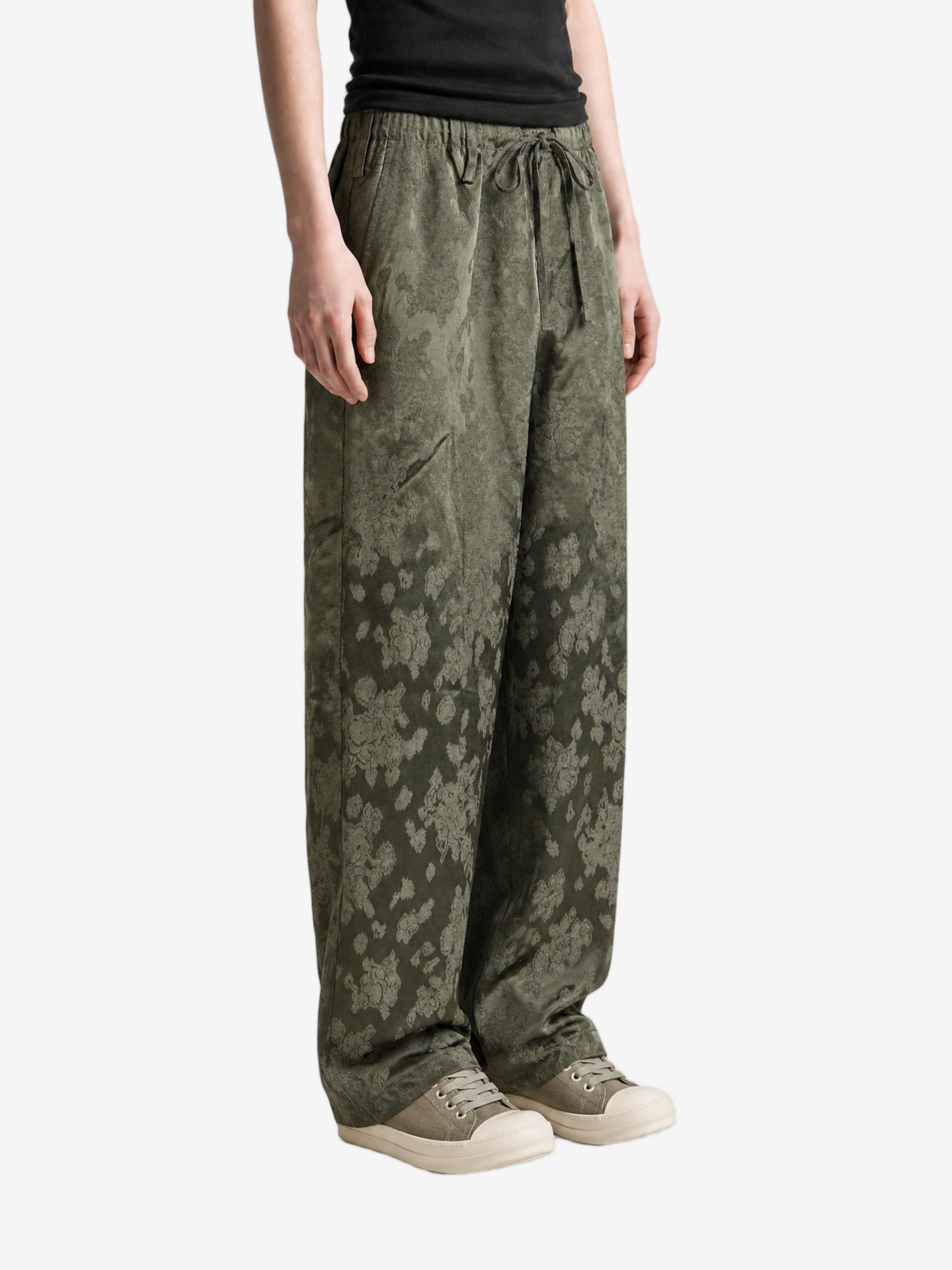 Green pants, full body view
