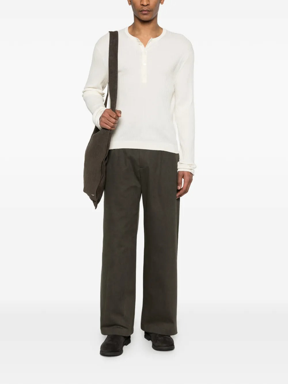 Green pants, full body view