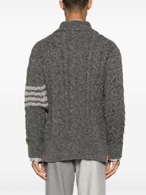 THOM BROWNE - Men Mixed Cable Stitch Mock Neck Cardigan In Donegal