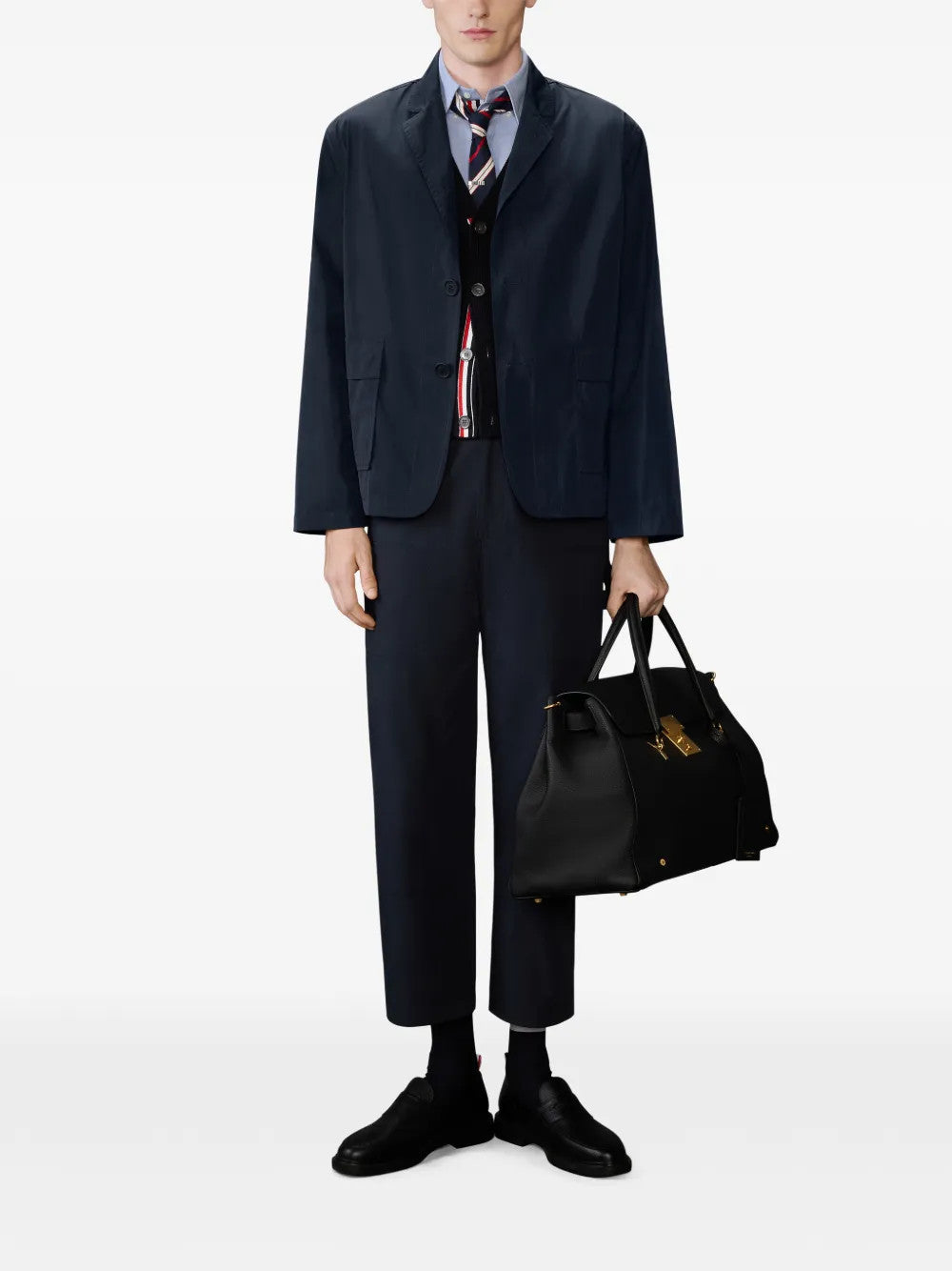 Navy jacket, full body view
