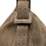 Close up of the grey bag, showing texture of the suede fabric