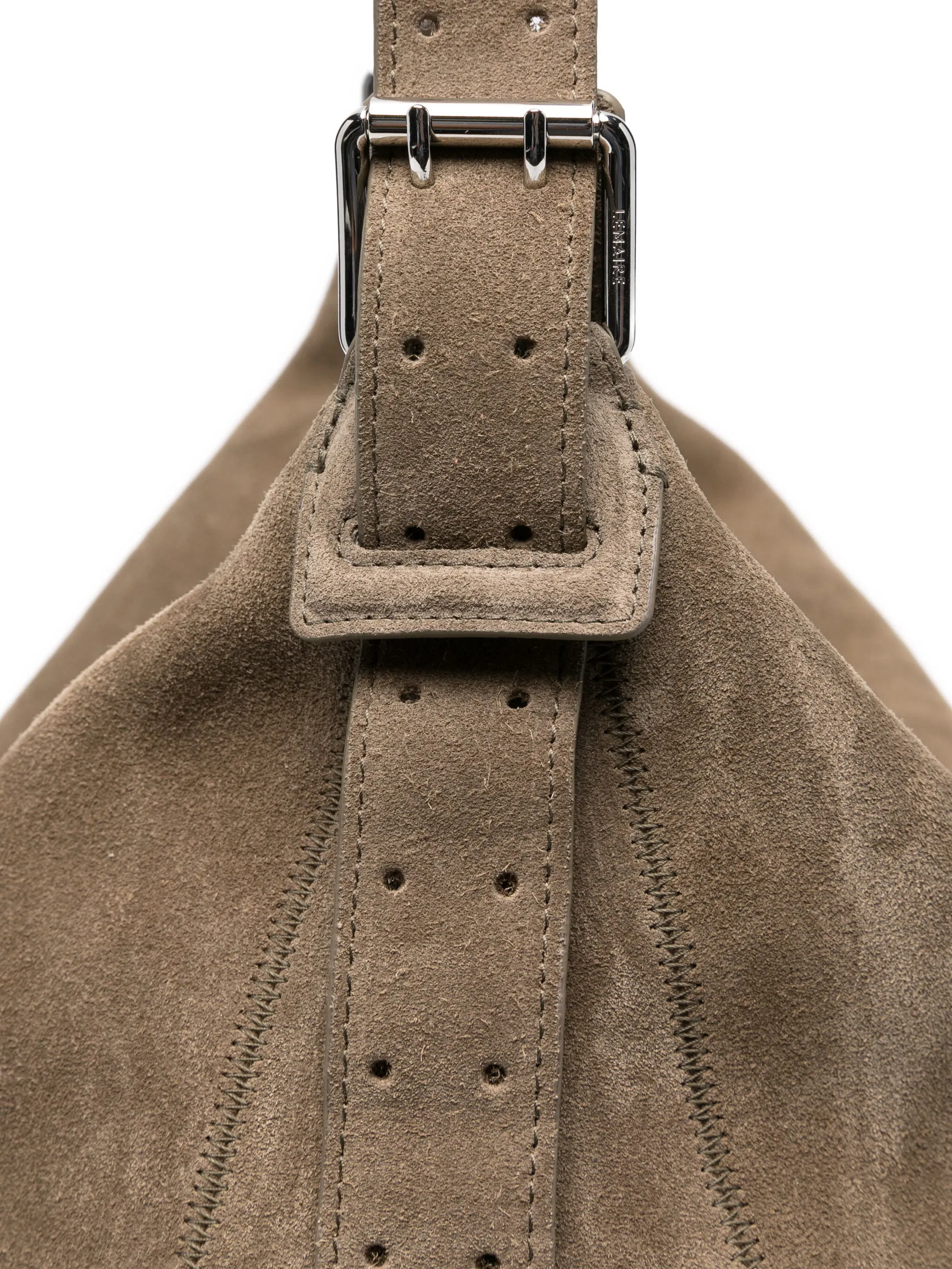 Close up of the grey bag, showing texture of the suede fabric