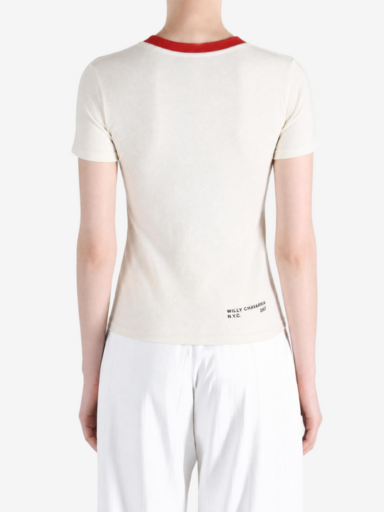 Tan t-shirt worn by a person, showing the t-shirt fit