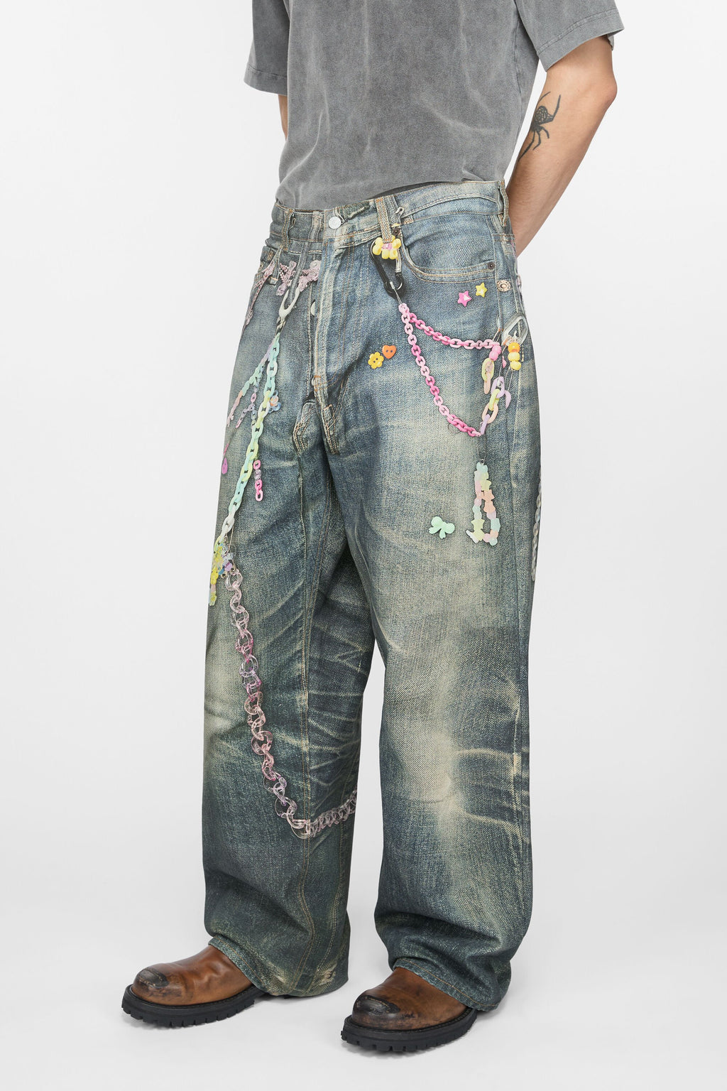 Blue jean worn by a person, showing the jean’s fit