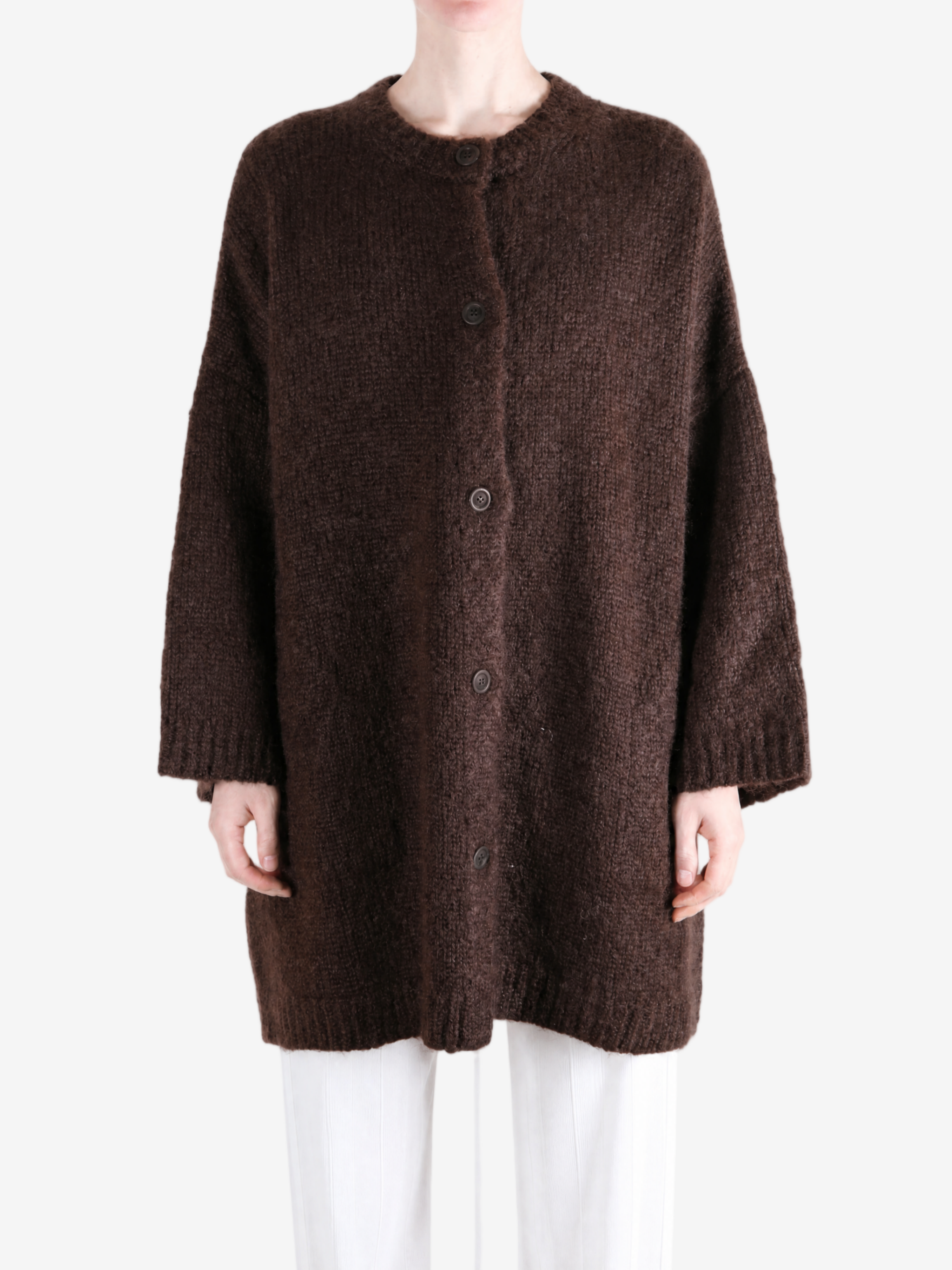 Brown knitwear, full body view