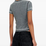 Grey t-shirt worn by a person, showing the t-shirt fit