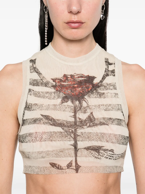 JEAN PAUL GAULTIER - Women Printed "Tattoo Marinière" Mesh Crop Top