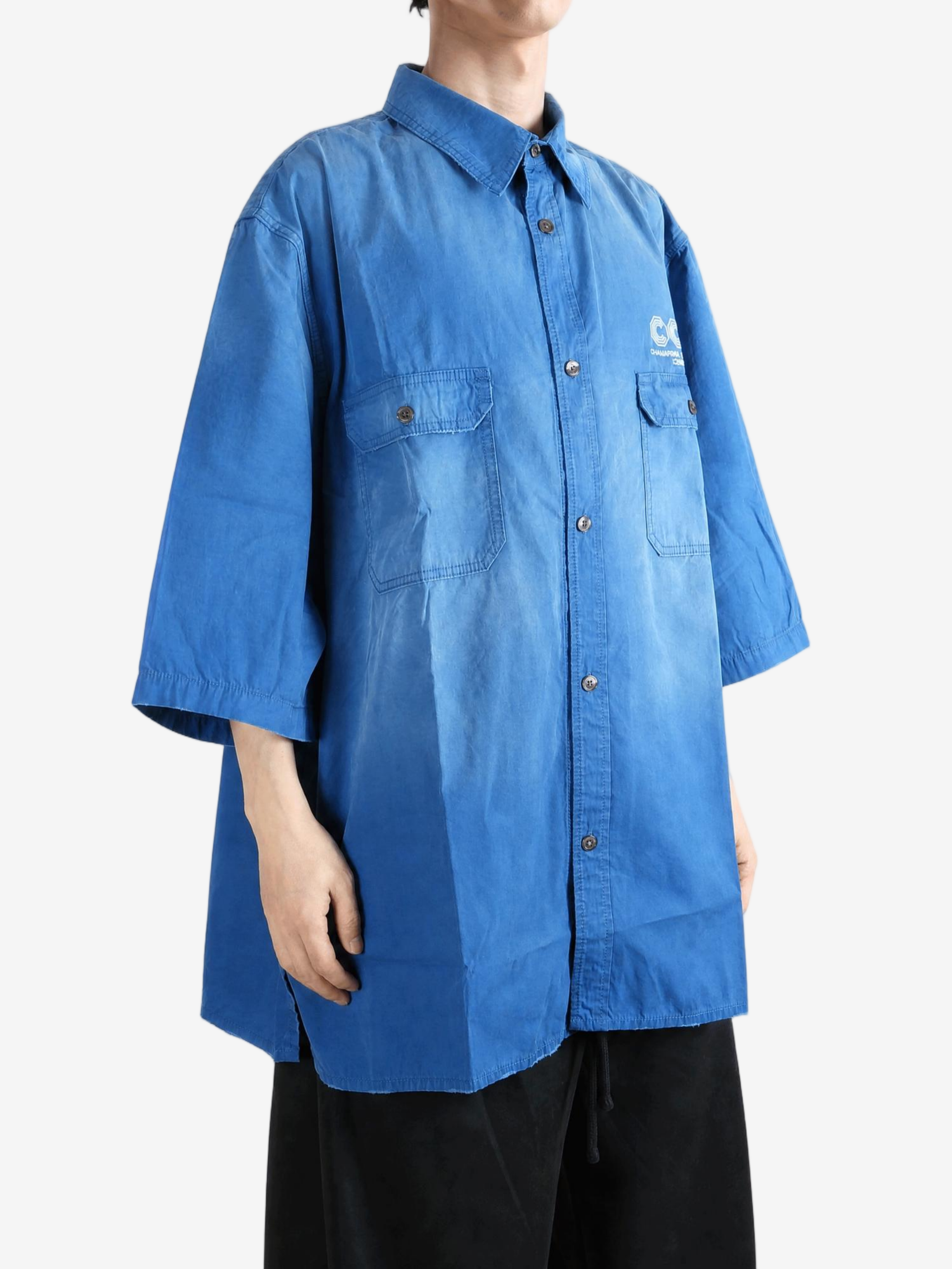 Blue shirt, full body view