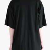 Black t-shirt worn by a person, showing the t-shirt's fit