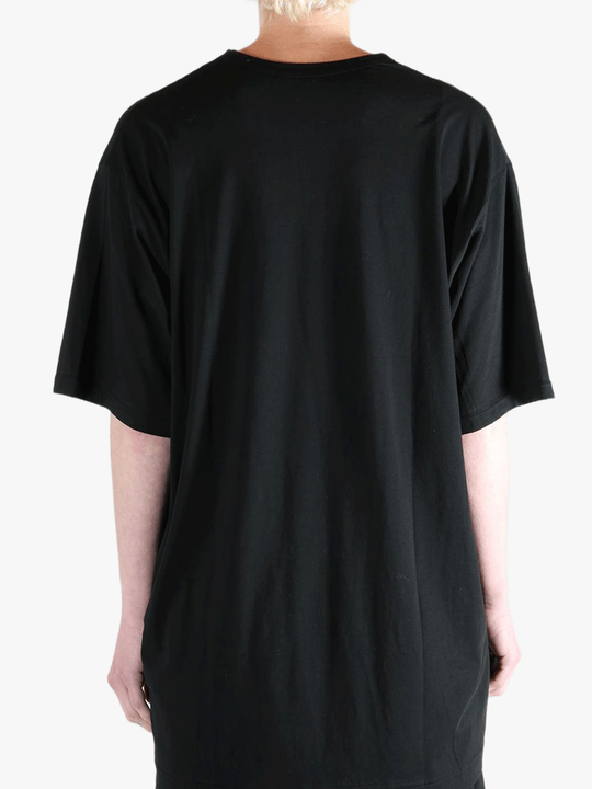 Black t-shirt worn by a person, showing the t-shirt's fit