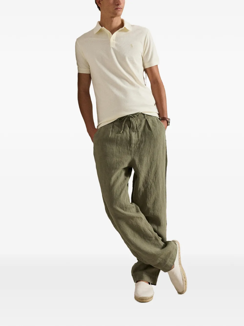 Tan shirt, full body view
